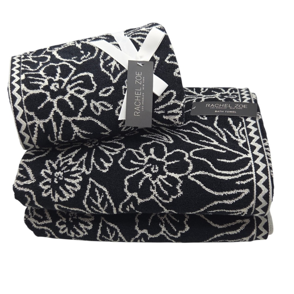 Rachel Zoe Black Ecru Floral Reversible Cotton Towel Set 4pc 2 Bath 2 Hand - Picture 4 of 12